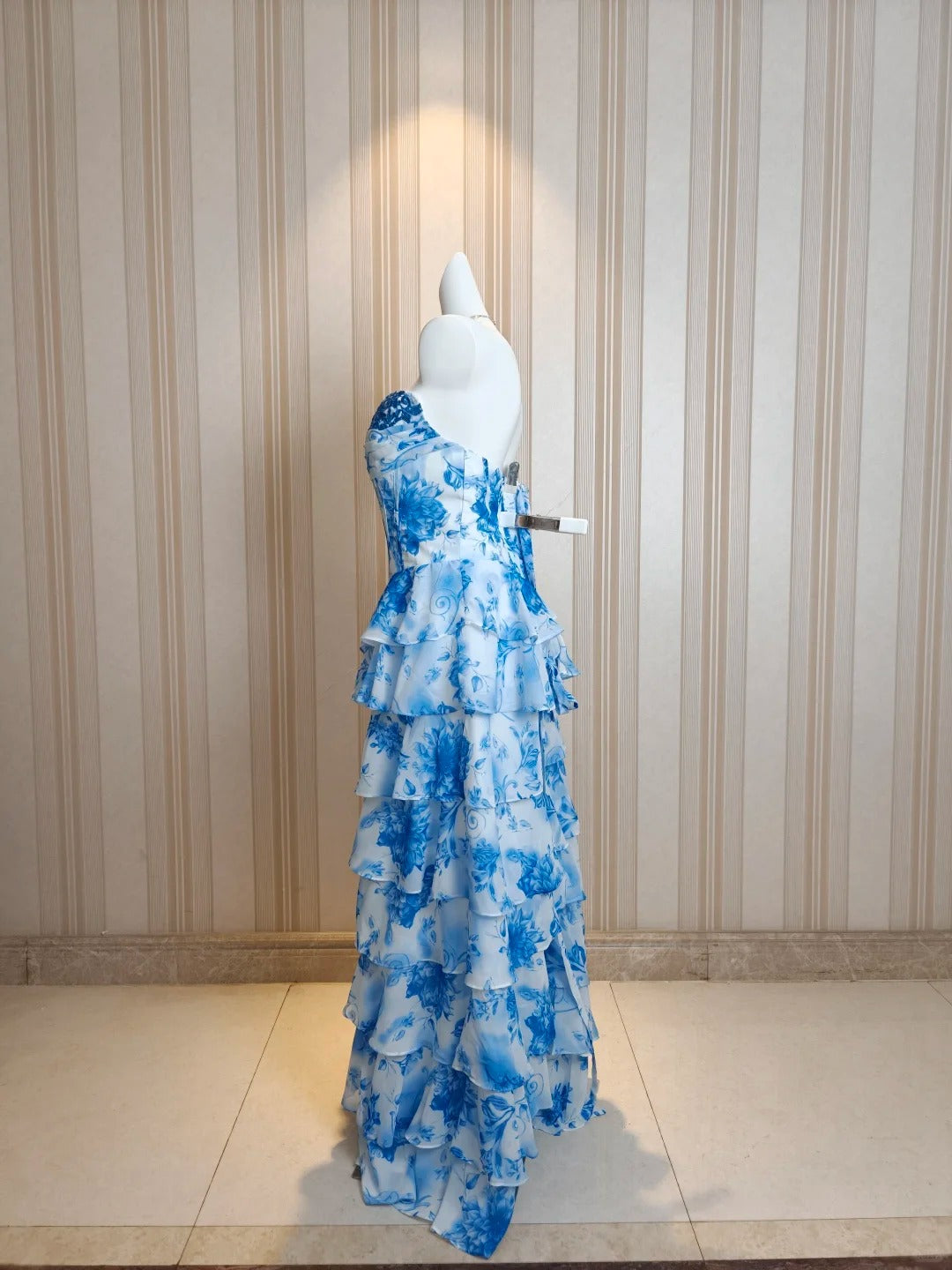 Modest A line Sweetheart Floral Blue Chiffon Ruffled Tiered Layers Evening Dresses Night Date Prom Dress N4482