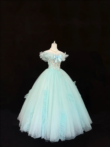 Blue Sweet 16 Dresses Long Ball Gown Off Shoulder Tulle Formal Sweet Sixteen Birthday Gown RC0238