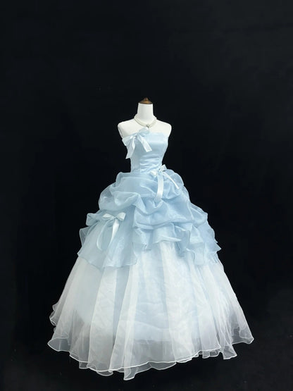 Light Blue Prom Dress Long Floor Length Ball Gown Strapless With Bow-knot Formal Evening Gown For Women RC0226