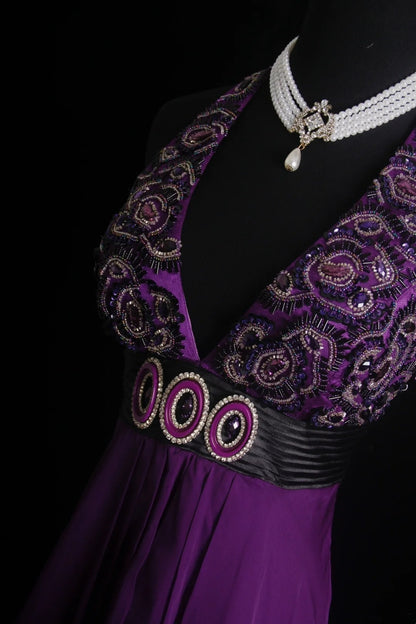 Retro A Line Halter Grape Chiffon Prom Dresses With Beadings Inspiration Party Gowns Princess Formal Dress N774