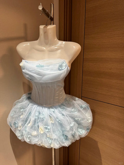 Cute Ball Gown Strapless Light Sky Blue Floral Short Night In Rio Inspo Hoco Dress Ideas Homecoming Dresses RB4037