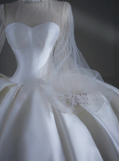 Timeless Wedding Dresses Ball Gown High Neck Satin Beaded Brides Dress Court Train Fitted Long Bridal Gowns AB2521