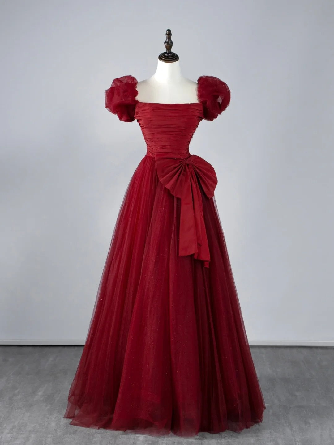 Modest A Line Square Neck Wine Red Tulle With Short Sleeves Long Prom Dresses Night Formal Dresses N596