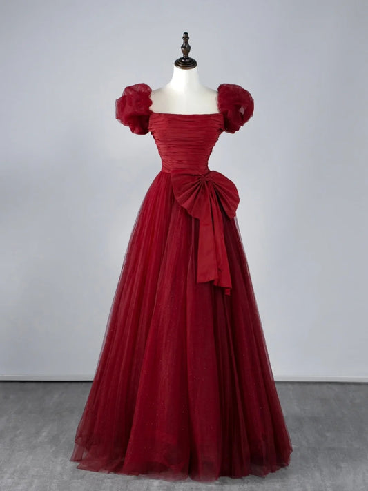 Modest A Line Square Neck Wine Red Tulle With Short Sleeves Long Prom Dresses Night Formal Dresses N596
