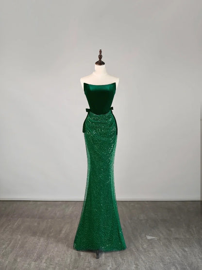 Stunning Mermaid Strapless Green Sequined Prom Dresses Inspiration Evening Dress Princess Graduation Gown N1078