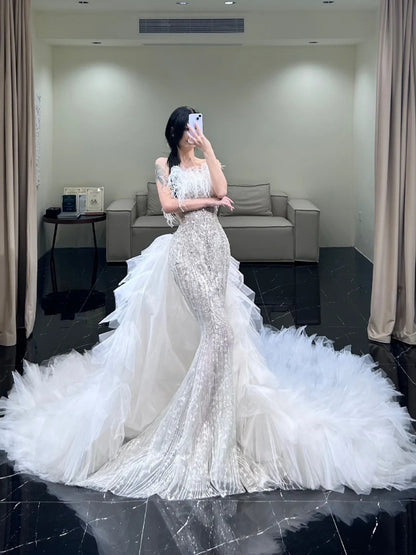 Classic Mermaid Wedding Dresses Strapless Sequin White With Feathers Brides Dress Summer Bridal Gowns N240