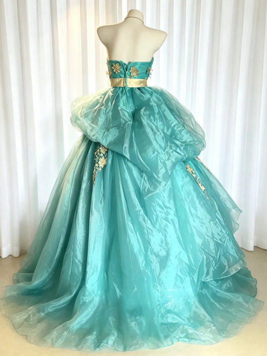 Princess Ball Gown Strapless Blue Ruffled Layers Tiered With Gold Lace Sweet 16 Dresses Quinceanera Dress N4182