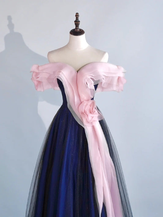 Modest Night Aesthetic Ball Gown Off The Shoulder Blue Pink Tulle College Formal Sweet 16 Outfit Long Prom Dresses For Teens N1164