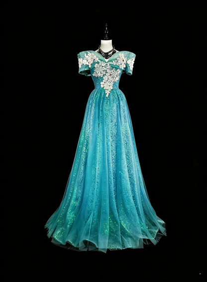 Dreamy Prom Dresses Aesthetic 80s Retro Off The Shoulder Light Blue Tulle Lace Long Formal Outfits N2364
