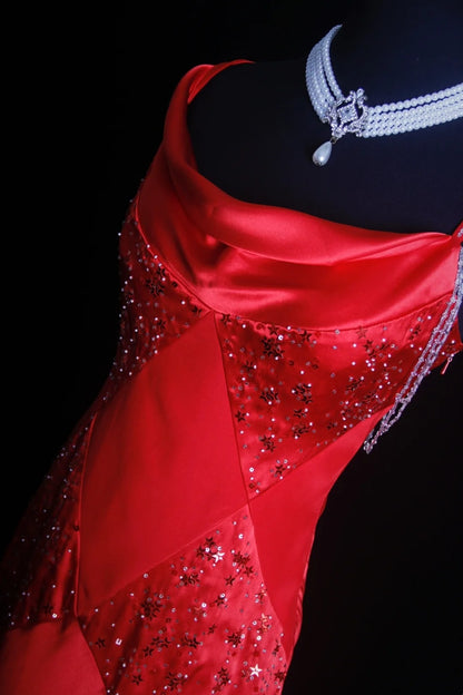 Retro Mermaid Spaghetti Strap Red Satin 90s Beaded Bodice Long Prom Dresses Inspo 18th Birthday Outfits Formal Dress N491