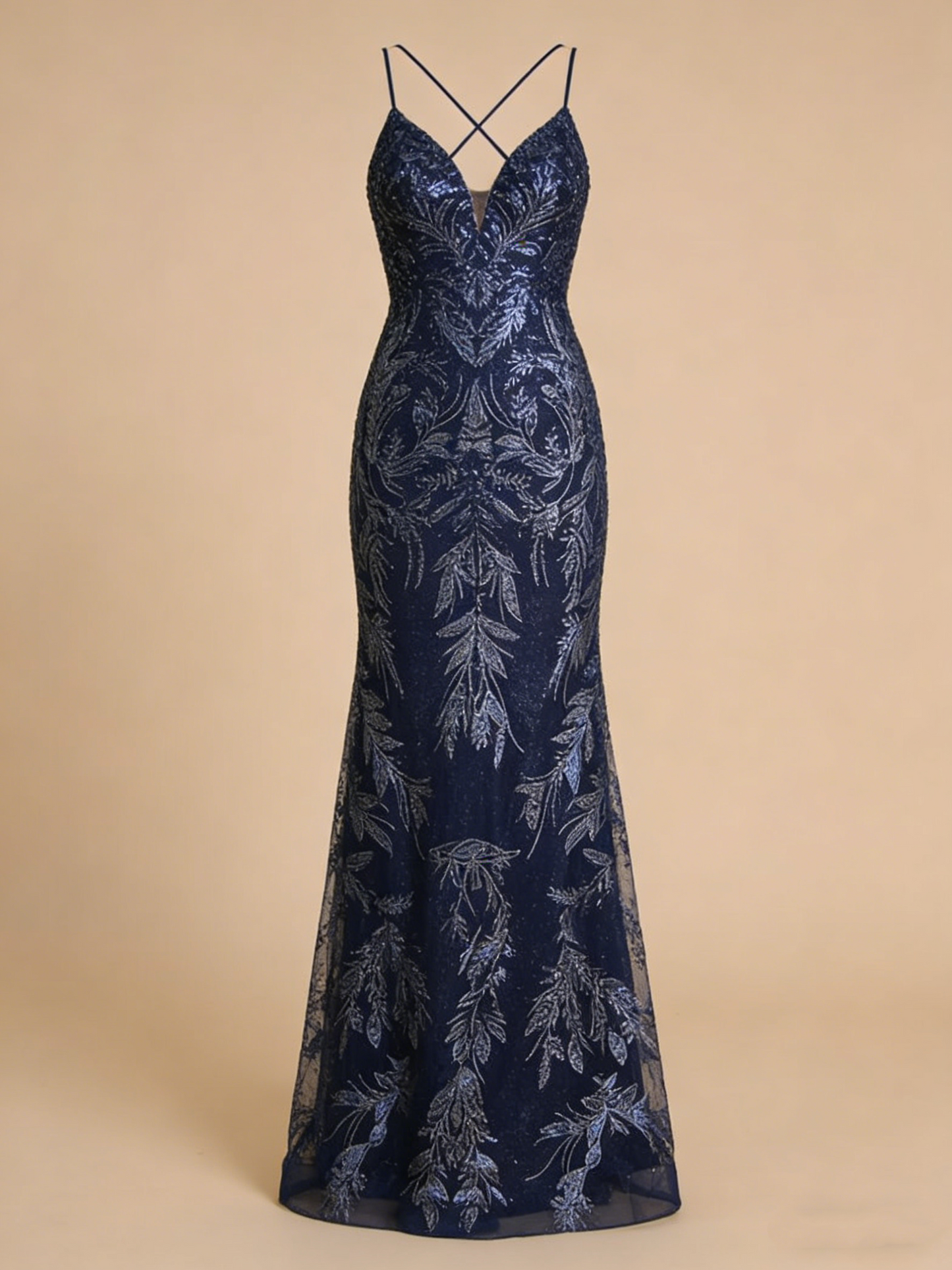 Gorgeous Mermaid Spaghetti Strap Navy Blue Sequined Formal Evening Dress Gowns Prom Dresses N718