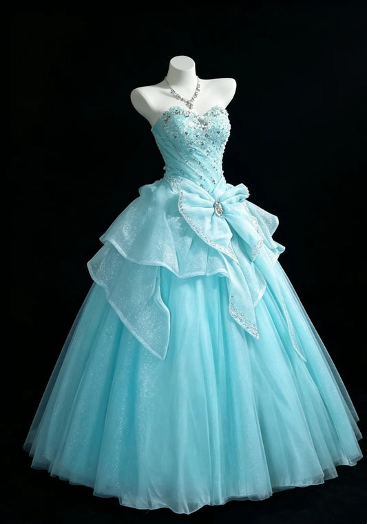 Sweet Ball Gown Sweetheart Blue Tulle With Beaded Quince Dress Long Sweet 15 16 Quinceanera Dresses Vestido de princesa RB4473