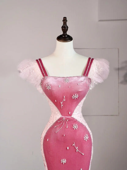 Classy Mermaid Square Pink Velvet Sleeveless Senior Prom dresses High School Long Formal Dress N1277
