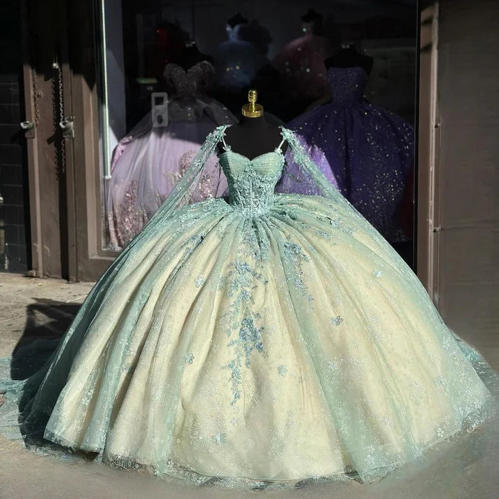 Cute Ball Gown Spaghetti Straps Tulle Long Sleeveless Appliques Quinceanera Dress Sweet 15 16 Dresses DH2907