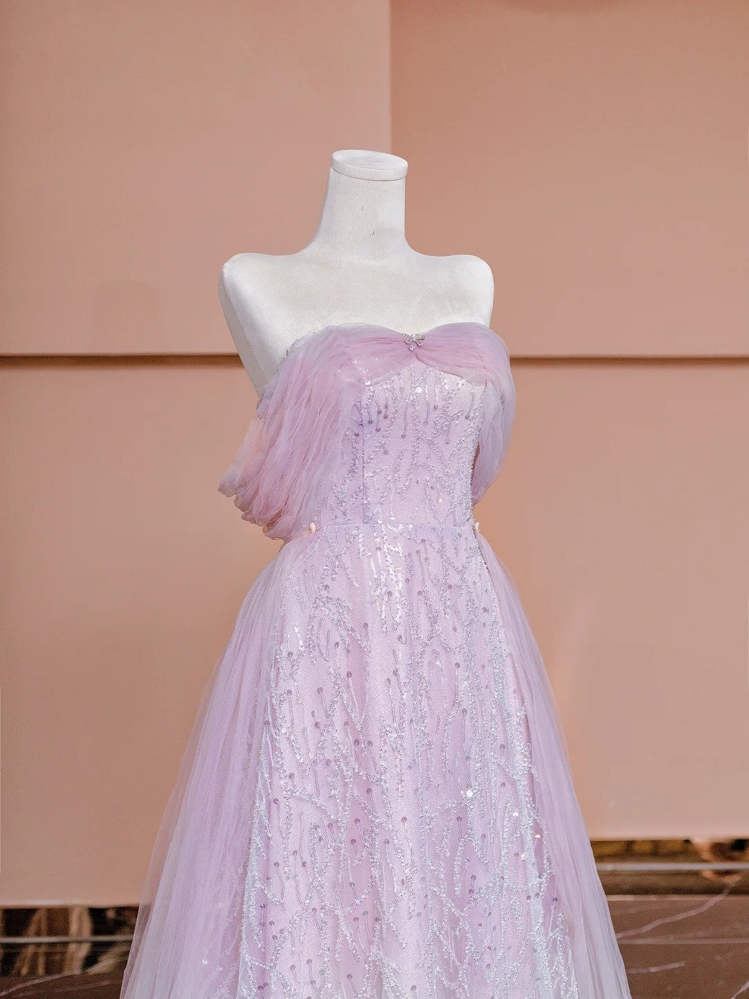 Sparkly A line Off The Shoulder Pink Sequined With Short Sleeves Formal Evening Dress Gowns Long Prom Dresses N723
