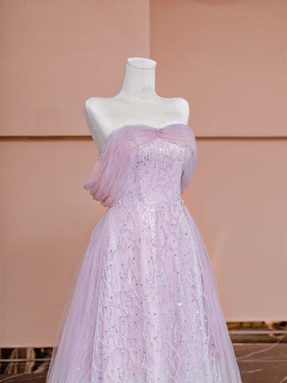 Sparkly A line Off The Shoulder Pink Sequined With Short Sleeves Formal Evening Dress Gowns Long Prom Dresses N723