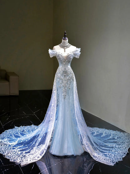 Dream Mermaid Off The Shoulder Aesthetic Sequin Blue Long Prom Dresses Inspiration Party Dress Prom Gown RB1667
