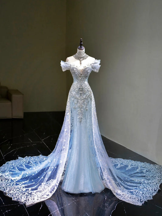 Dream Mermaid Off The Shoulder Aesthetic Sequin Blue Long Prom Dresses Inspiration Party Dress Prom Gown RB1667