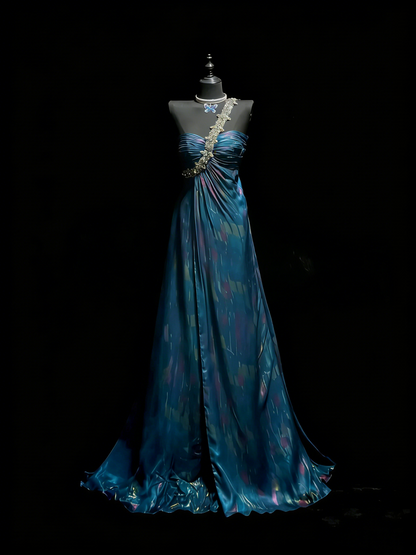 Modest A line One Shoulder Blue College Formal Outfit Long Prom Graduation Dresses For Teens N1183