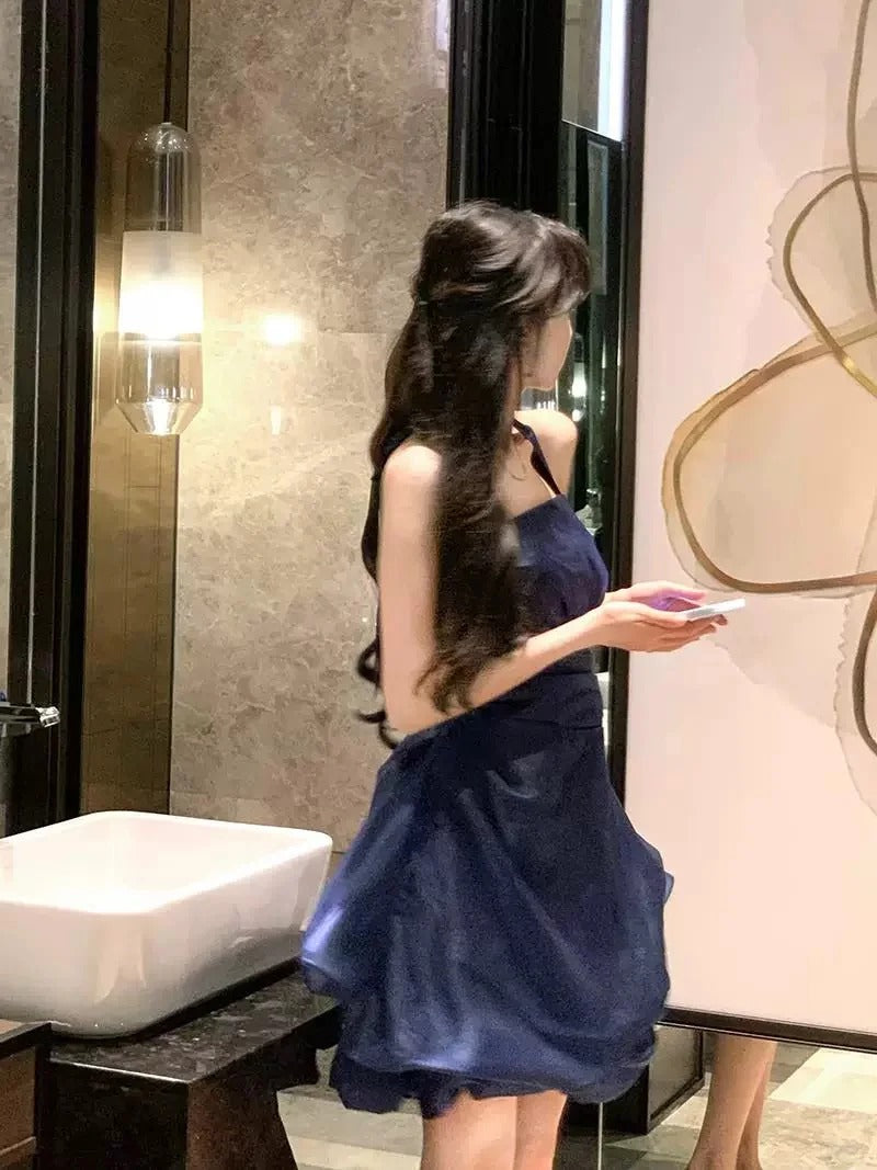 Pretty Ball Gown Halter Navy Blue Graduation Short Mini Homecoming Dresses Hoco Dress N2726