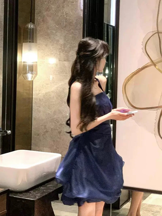 Pretty Ball Gown Halter Navy Blue Graduation Short Mini Homecoming Dresses Hoco Dress N2726