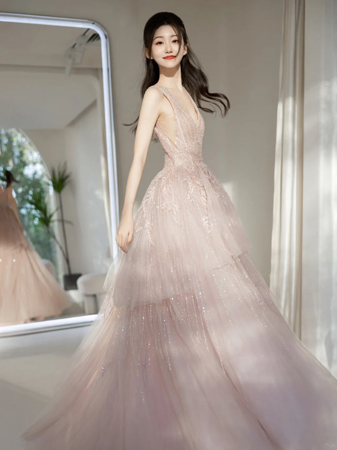 Cute Ball Gown Deep V Neck Pink Sequin Long Prom Dresses Impress 19th Birthday Outfits Prom Gown N236