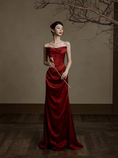 Simple Mermaid Sweetheart With Scarf Burgundy Satin Long Prom Dresses Formal Gowns Inspo Evening Outfit N230