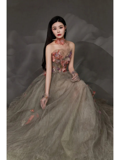 Charming Ball Gown Strapless Tulle Long Evening Prom Dresses Floor Length Evening Formal Dress N275