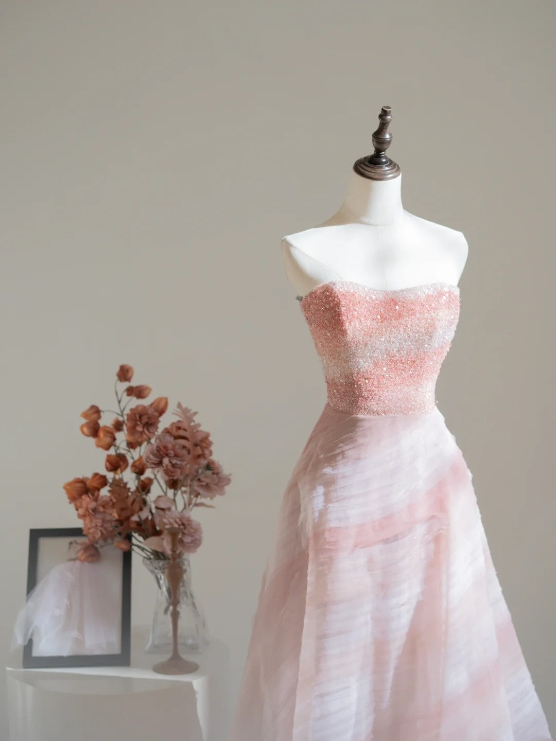 Classy Ball Gown Strapless Pink Tulle Crystals Beading Prom Dresses Long Party Dress 18th Birthday Outfit Graduation Dress N233