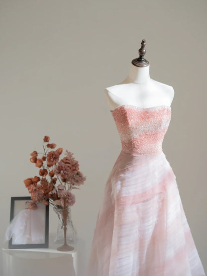 Classy Ball Gown Strapless Pink Tulle Crystals Beading Prom Dresses Long Party Dress 18th Birthday Outfit Graduation Dress N233