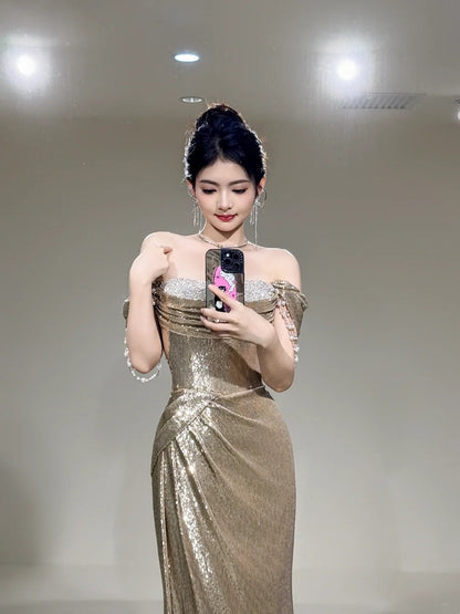 Glitter Mermaid Off The Shoulder Sequin Long Prom Dresses Champagne Formal Gowns Inspo Evening Outfit N234
