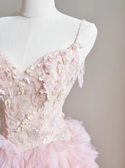 Cute Ball Gown Spaghetti Strap Blush Pink Tulle Long Prom Dresses Inspiration Evening Gowns Formal Party Prom Dress N235