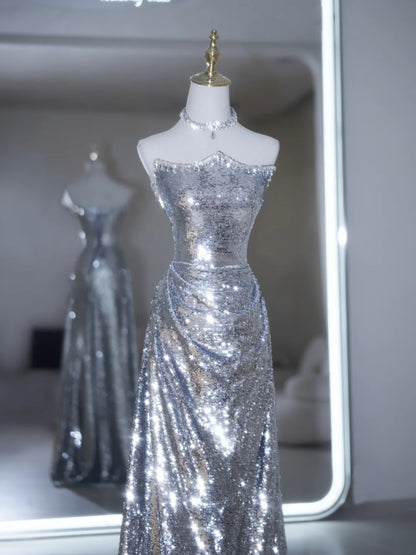 Glitter Mermaid Strapless Silver Sequin Long Prom Dresses Impress 19th Birthday Outfits Prom Gown N239