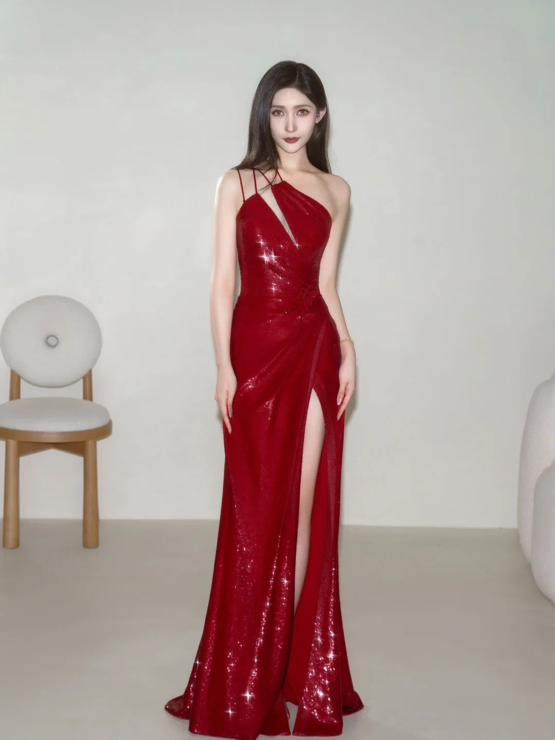 Simple Mermaid One Shoulder Burgundy Sequin Long Prom Dresses Formal Gowns Inspo Evening Outfit N225