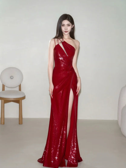 Simple Mermaid One Shoulder Burgundy Sequin Long Prom Dresses Formal Gowns Inspo Evening Outfit N225