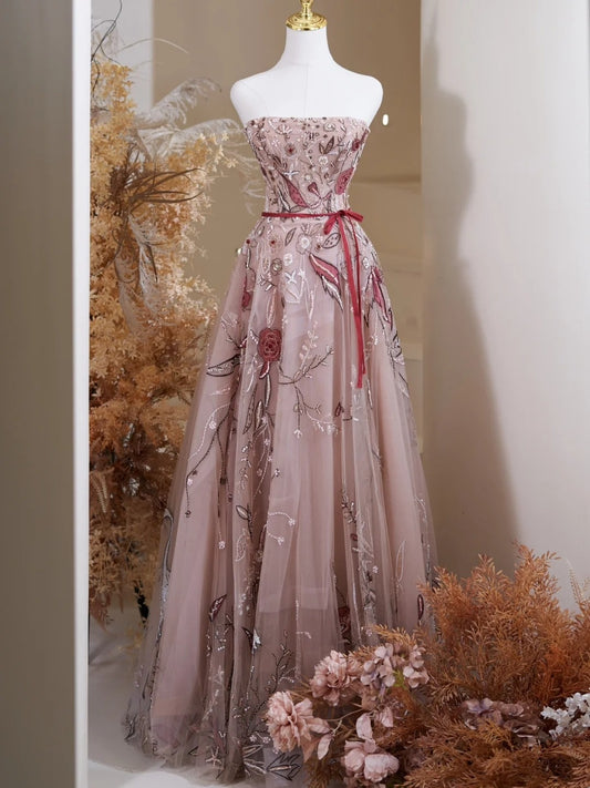 Cute Ball Gown Strapless Floral Tulle Lace Long Prom Dresses Impress 19th Birthday Outfits Prom Gown N237