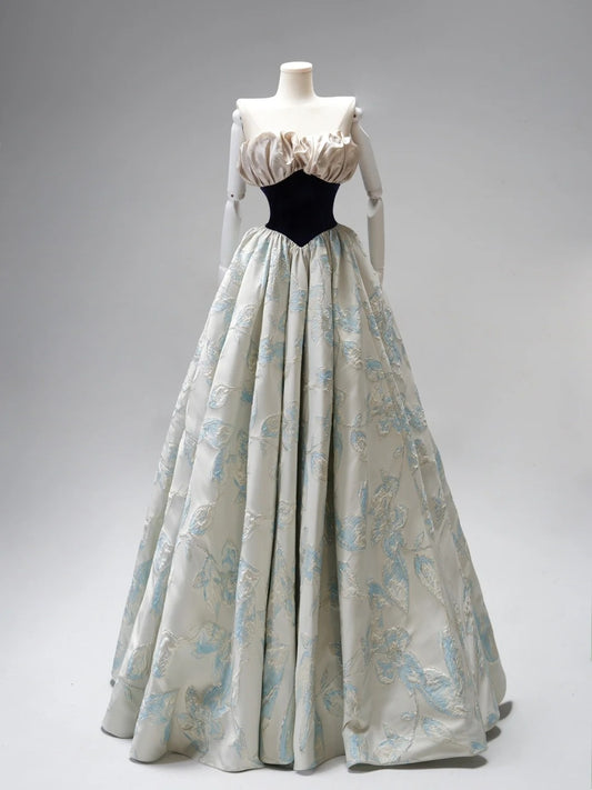 Modest Ball Gown Strapless Floral Blue Satin Long Evening Prom Dresses Floor Length Evening Formal Dress N273