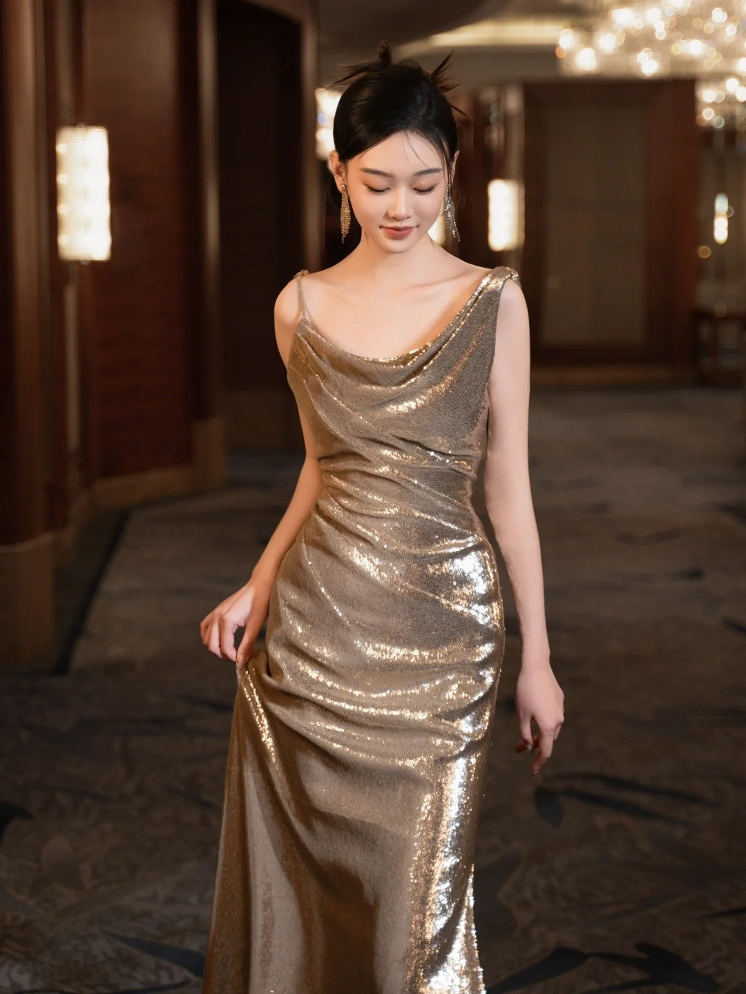 Glitter Mermaid Asymmetrical Neck Sequin Long Prom Dresses Champagne Formal Gowns Inspo Evening Outfit N232