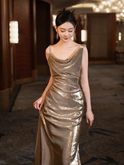 Glitter Mermaid Asymmetrical Neck Sequin Long Prom Dresses Champagne Formal Gowns Inspo Evening Outfit N232