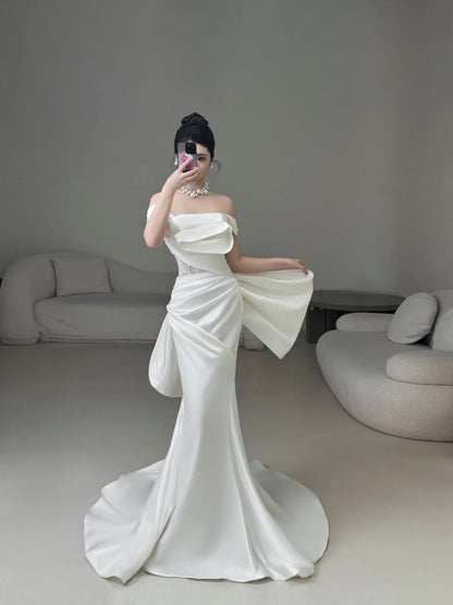 Classic Mermaid Wedding Dresses Off The Shoulder Satin White With Short Sleeves Brides Dress Summer Bridal Gowns N235