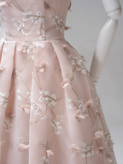 Cute A line Halter Floral Tulle Pink Long Prom Dresses Impress 19th Birthday Outfits Prom Gown AB1004