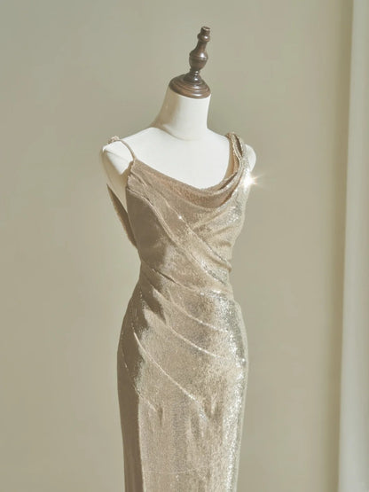 Modest Mermaid Straps Sequins Champagne For Women Party Dress Long Formal Prom Dresses 22th Birthday Outfits AC048