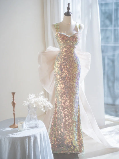 Sparkly Mermaid Square Neck Sequin Sleeveless Long Prom Dresses Prom Gowns Evening Dress A022