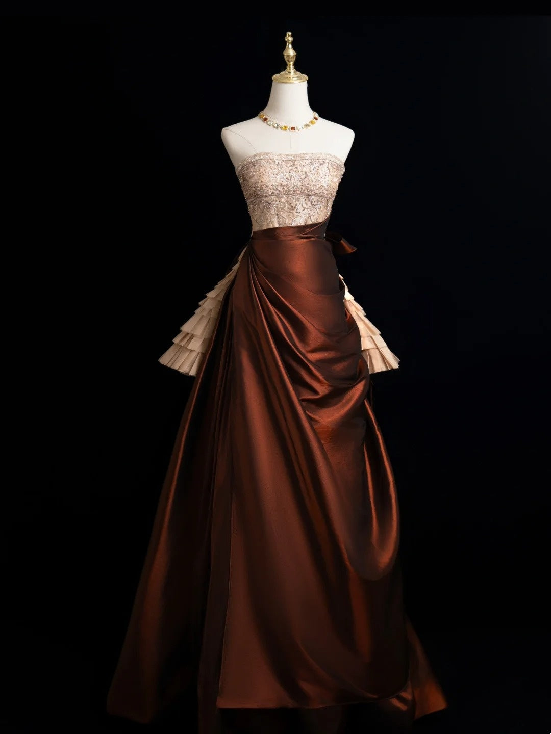 Modest Ball Gown Strapless Champagne Beaded Top Brown Skirt Long Evening Prom Dresses Long Evening Formal Dress N272