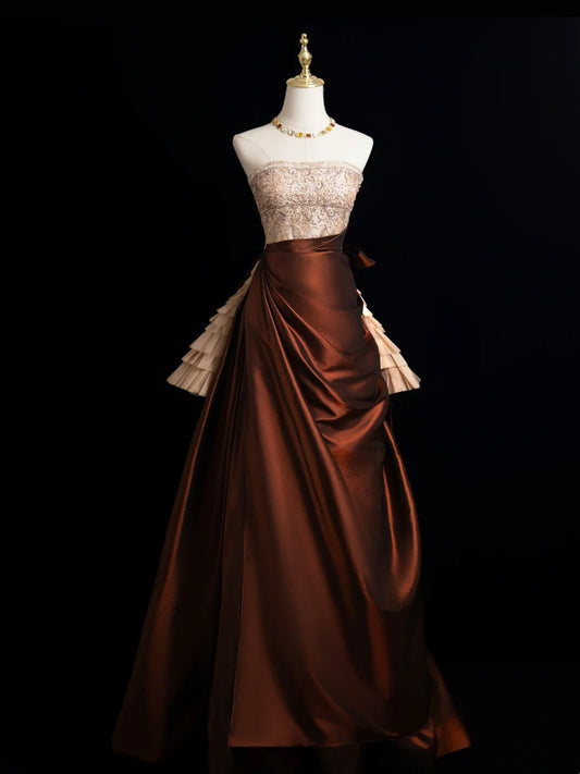 Modest Ball Gown Strapless Champagne Beaded Top Brown Skirt Long Evening Prom Dresses Long Evening Formal Dress N272