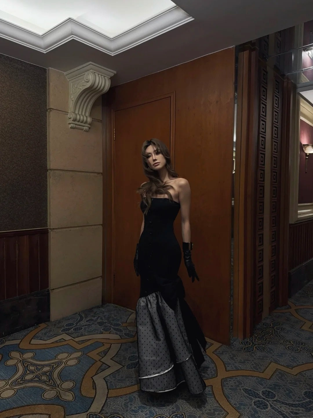 Vintage Mermaid Strapless Black Polka Dots Satin Long Prom Dresses Inspo Semi Formal Gown N696