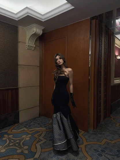 Vintage Mermaid Strapless Black Polka Dots Satin Long Prom Dresses Inspo Semi Formal Gown N696