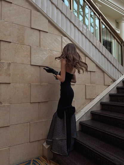 Vintage Mermaid Strapless Black Polka Dots Satin Long Prom Dresses Inspo Semi Formal Gown N696