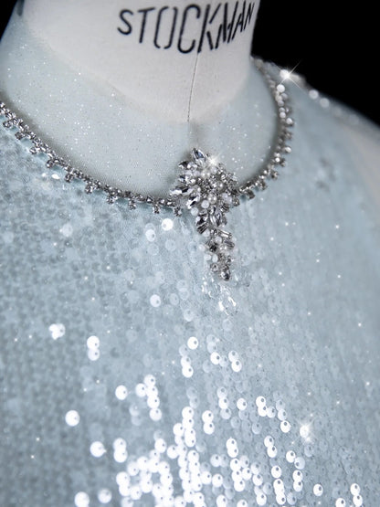 Elegnt A line High Neck Light Sky Blue Sequined Long Prom Dress Fashion Aesthetic High School Formal Dresses Party Outfits Gown N688