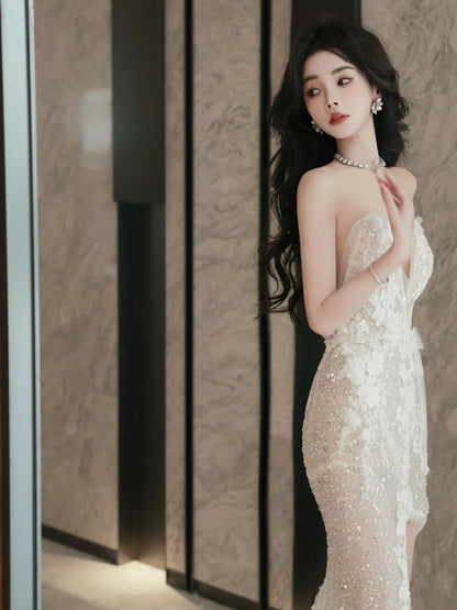Fairytale Fantasy Art Wedding Dresses Mermaid Sweetheart White Lace Long Brides Dress Fitted Bridal Gowns N1088
